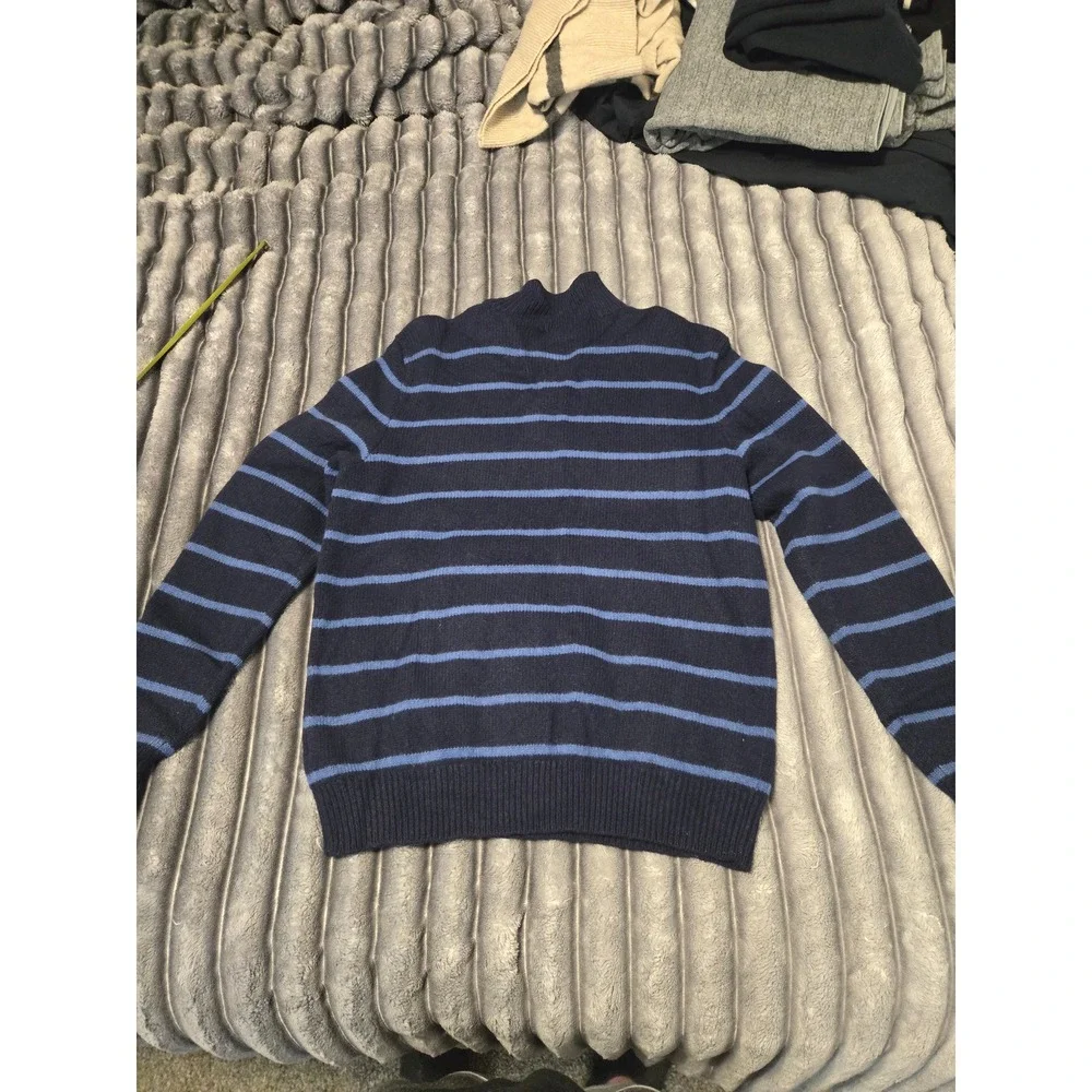 Polo Ralph Lauren Mens Medium Navy Striped 100% Lambswool Quarter Zip Sweater